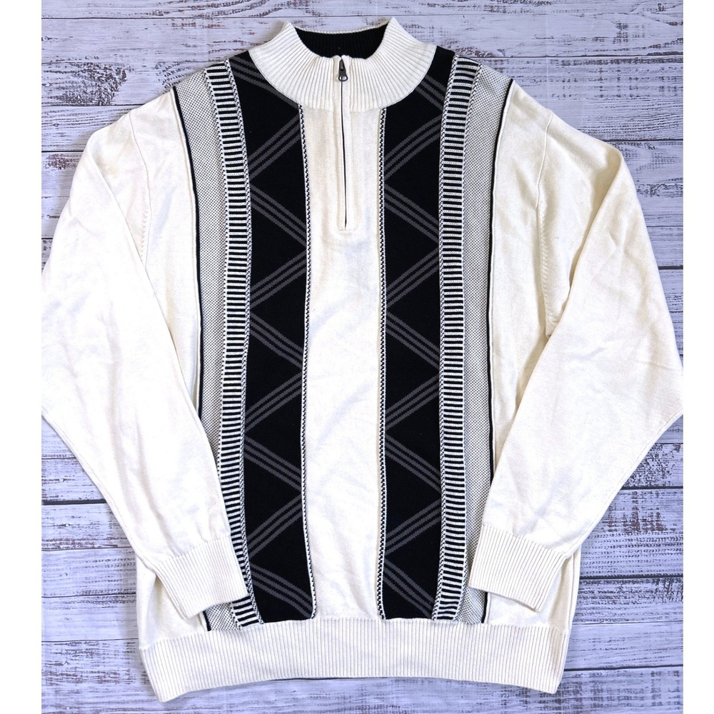 F/X Fusion Quarter Zip Sweater Mens L Cream Black Retro Geometric Mock Neck Knit